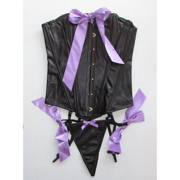 Black Pleather Purple Ribboned Corset Set - NEW - Picture 2 of 11